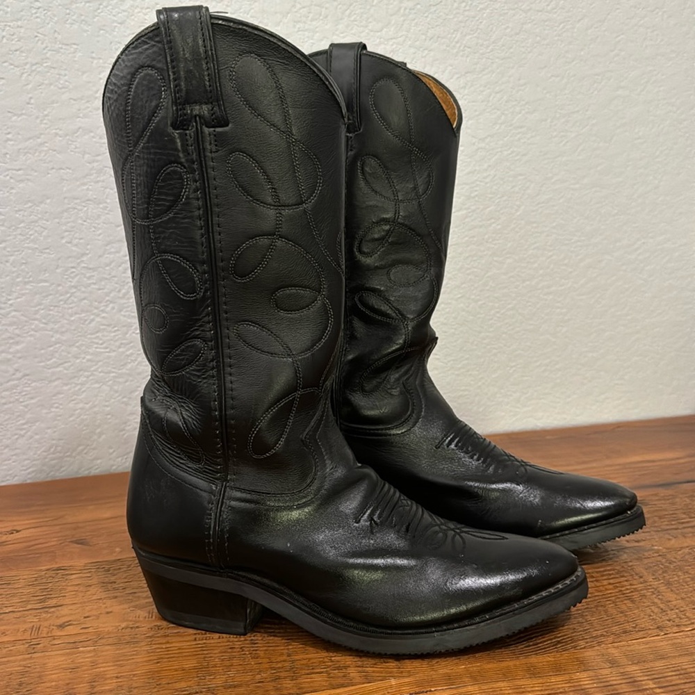 Vintage Mens Handmade Leather Cowboy Western Boots Black Low Heel Size 7M